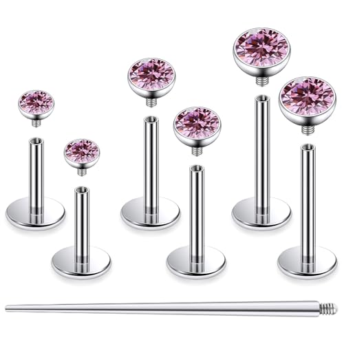 F136 Titanium 20/18/16G Internally Threaded Flat Back Stud Earrings Nose Rings Lip Medusa Monroe Labret 6/8/10mm Short/Long Bar Piercing Jewelry with Taper for Women Men - color: Pink, size: 16g=1.2mm