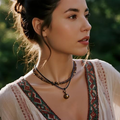 Tiger Eye Brown Wooden Beaded Layered Pendant Necklace for Women Men, Healing Crystal Natural Stone Blessing Women Necklaces Protection Fashion Jewelry Gift - color: Brown