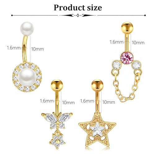 Belly Button Rings Stainless Steel 14G CZ Opal Navel Rings Barbells Women Girls Belly Piercing Jewelry - color: Gold Color-Style A: 4PCS