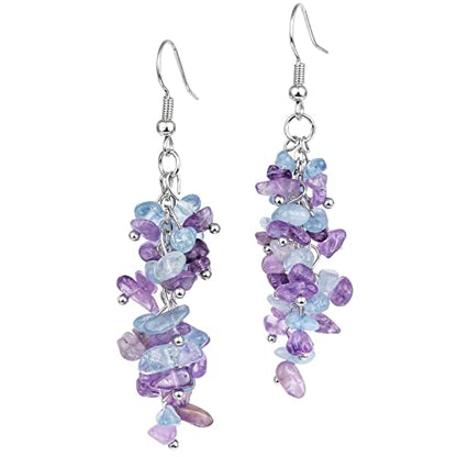 Nupuyai Natural Tumbled Stones Earrings for Women, Reiki Healing Crystal Long Dangle Hook Eardrop - color: #5-Purple & Blue