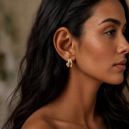 Chunky Gold Hoop Earrings for Women Non Tarnish, 14k Gold Plated Thick Triple Hoop Earrings Hypoallergenic Trendy Hoops Dainty Jewelry Gifts for Women - style: simple Double C Hoop