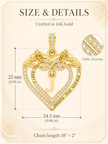 14K Gold Initial Letter Rose Heart Pendant Necklace for Women, Anniversary Birthday Jewelry Gifts for Wife Mom Grandma Sister Daughter, I Love You for Always And Forever - style: 14K Gold-J