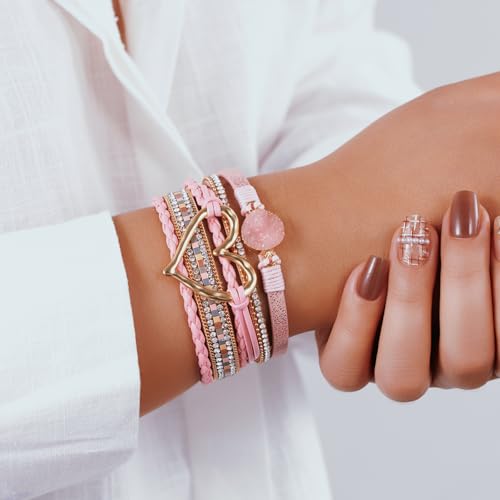 Boho Leather Wrap Bracelets Beaded Stackable Cuff Bracelet Country Concert Outfits Cowboy Cowgirl Western Jewelry Gifts for Women - color: Heart-Pink