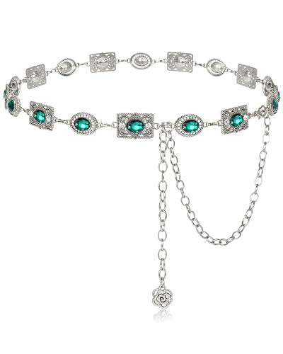 Women Western Concho Chain Belt Vintage Rhinestone Gems Boho Metal Waist Chain Jeans Dress Daily Concert Halloween - color: C-emerald Green Retro Silver, size: Length 43" (24"+extension chain 19" )