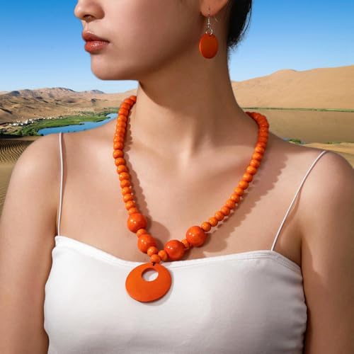 Soyzvteo Boho Wooden Beaded Necklace Earring Set Chunky Statement Costume Jewelry Retro Ethnic Accessories for Women - color: Orange