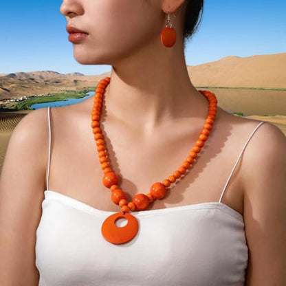 Soyzvteo Boho Wooden Beaded Necklace Earring Set Chunky Statement Costume Jewelry Retro Ethnic Accessories for Women - color: Orange