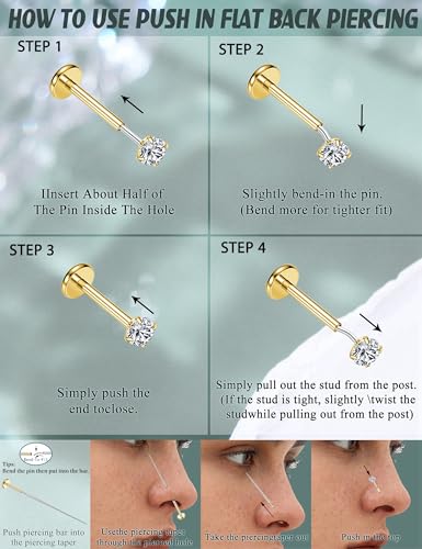 316L Stainless Steel 20G/16G Threadless Flat Back Push In Earrings Women | 11 Pairs 316L Hypoallergenic CZ Cartilage Conch Tragus Stud Earrings Nose Rings for Women, 14K Gold Plated, Silver, 6/7/8mm - color: 14K Gold Plated, size: 20G- bar length: 6/7/8mm
