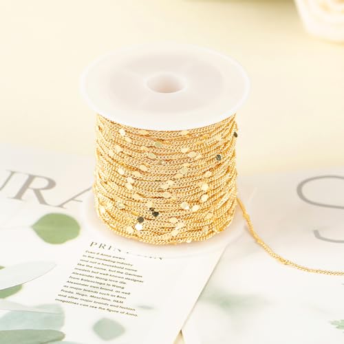 Jabogrii 32.8 Feet 18K Gold Plated Brass Jewelry Making Chains Bulk Roll | Flat Round Chain DIY Necklace Bracelet Chain for Jewelry Making - color: Flat Round Gold