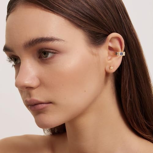 Chunky Ear Cuff Earrings for Women Single | Non Piercing, Clip On, 14K Gold Plated, Cubic Zirconia, Hypoallergenic, Jewelry Gifts - style: Blue