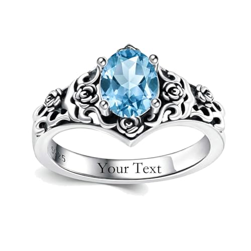 1 CT Oval Cut Gemstone Vintage Filigree Ring 925 Sterling Silver Retro Rose Teardrop Birthstone Statement Ring Anniversary Jewelry Gifts for Women Ring Size 4-13 - color: Mar-Aquamarine Blue