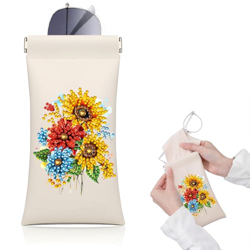 Diamond Art Painting Eye Glass Bag PU Sunglasses Glasses Storage Bag Built-in Glasses Cloth Press Automatic Closure - color: Sunflowers