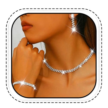 Rhinestone Bridal Wedding Jewelry Sets Silver Necklace Earrings Bracelet Set Prom Formal Costume Jewelry Set for Women and Brides - color: Silver