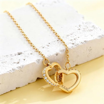 Titanium Steel Interlocking Double Heart Pendant Necklace for Women, 1 Piece 17"+2" Adjustable Hypoallergenic Dainty Rolo Chain, Minimalist Cubic Zirconia Love Choker Necklace - color: Gold