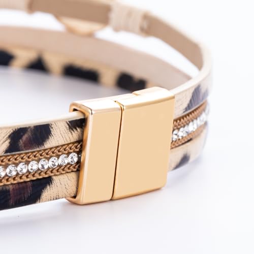 Boho Chunky Leather Wrap Bracelets Stackable Beaded Western Country Jewelry | Crystal Bead Trendy Layered Cuff Magnetic Clasp Stack Bohemian Statement Costume Outfits Cowgirl Fashion Hippie Accessories - color: Leopard, size: 14.7"