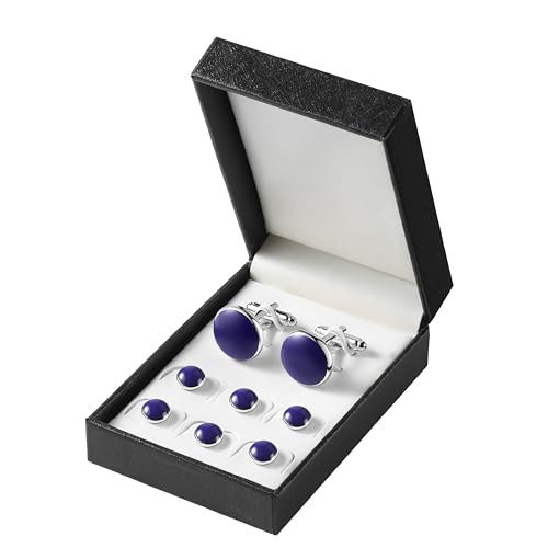 Men's Cufflinks & Tuxedo Studs Set - 316L Stainless Steel Formal Wedding Jewelry, Groomsmen Gift Set with Gift Box - color: 6pcs Blue Gold
