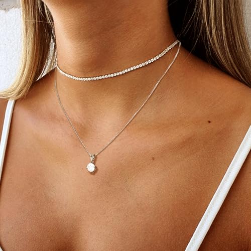 Layered Necklaces for Women, Dainty 14K Gold Plated Diamond Tennis Necklace, Simple Stackable Layered Gold Necklaces for Women Trendy Sparkly Cubic Zirconia Pendant Necklace Set Jewelry Gift - color: Silver - Tennis & Round Diamond