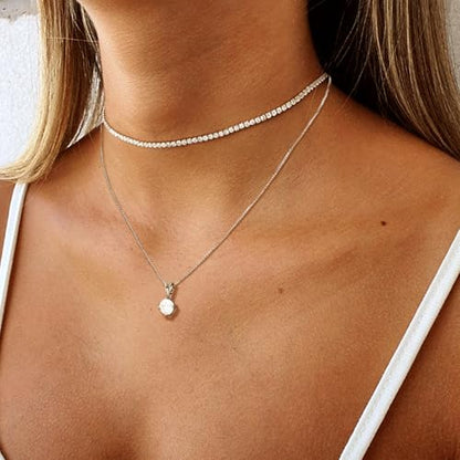 Layered Necklaces for Women, Dainty 14K Gold Plated Diamond Tennis Necklace, Simple Stackable Layered Gold Necklaces for Women Trendy Sparkly Cubic Zirconia Pendant Necklace Set Jewelry Gift - color: Silver - Tennis & Round Diamond