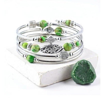 Boho Wrap Beaded Bracelet for Women – Handmade Natural Stone Jewelry – Stainless Steel Adjustable Ethnic Chic Gift - color: Green King Huangshi