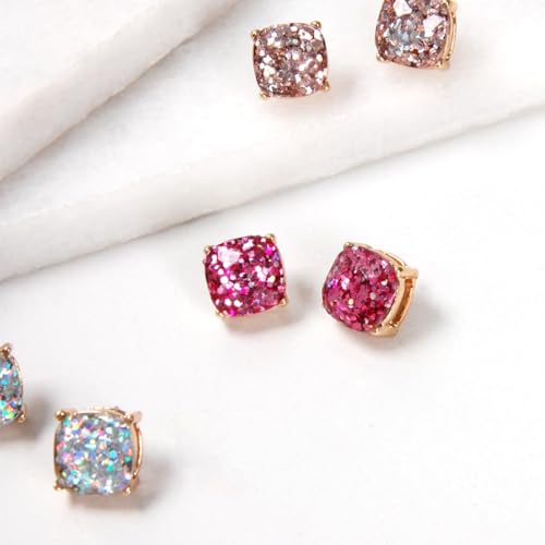 Large Square Stud Earrings for Women - Big Sparkly Rhinestone Studs | Plated in Gold Tone or Silver Tone, Hypoallergenic and Safe for Sensitive Ears - color: Hot Pink Glitter