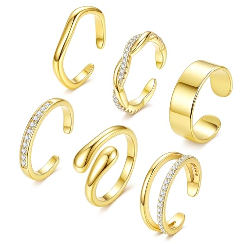 NICEIGHT 6Pcs 14K Gold Filled Toe Rings for Women Non Tarnish Silver Flower Hug Band Toe Rings Simple Adjustable CZ Twist Toe Ring Summer Beach Foot Jewelry for Women - color: Gold A