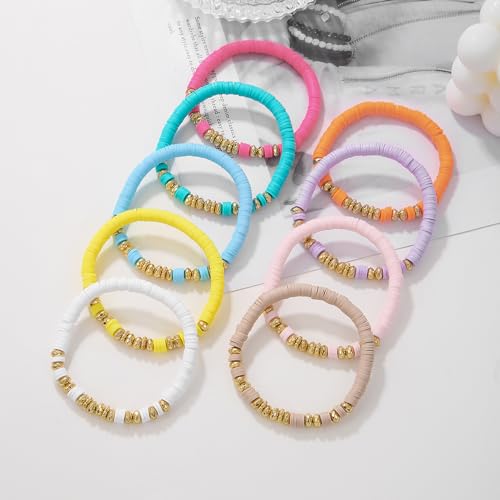Friendship Bracelets for Women - Heishi Surfer Colorful Smile Evil Eye Clay Beaded Stretch Bracelets Elastic Layering - Stackable Boho Disc Y2K Aesthetic Summer Jewelry Set. - color: B-surfer-9pc-colorful