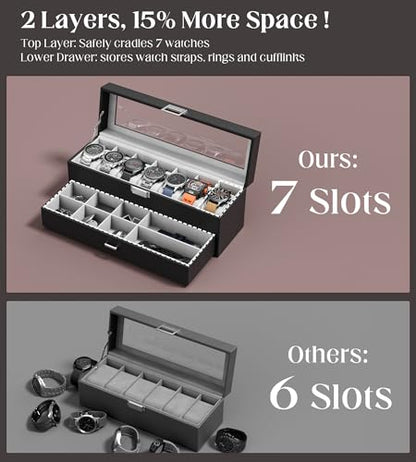 Watch Case Box for Men - 7 SLots Watches Storage Organizer Real-Glass Display Case with Jewelry Drawer 2-Layer PU Leather Collection Holder Gift for Loved Ones Black - size: 7 Slots, Black