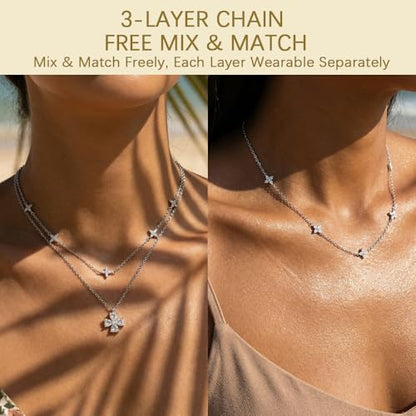 14k Gold Plated Layered Cubic Zirconia Pendant Necklace for Women | Gold Plated Clover Necklaces Stackable Dainty Cubic Zirconia Pendant Necklace，Mother's Day, Thanksgiving Jewelry Trendy gifts - color: silvery, style: Style1