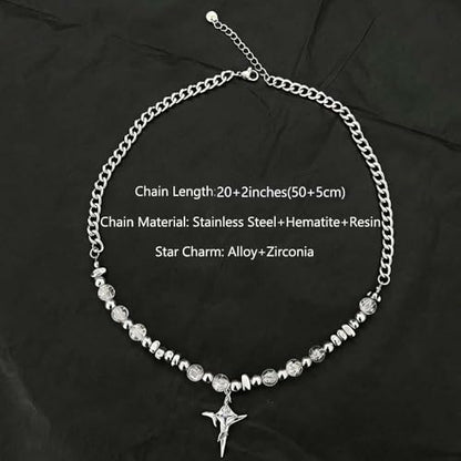 Gothic Cross Star Necklace For Men Women Silver Stainless Steel Cuban Link Paperclip Figaro Bead Chain Punk Kpop Y2k Goth Irregular Layered Cross Pendant Necklace Non Tarnish Jewelry Gift - color: Silver F