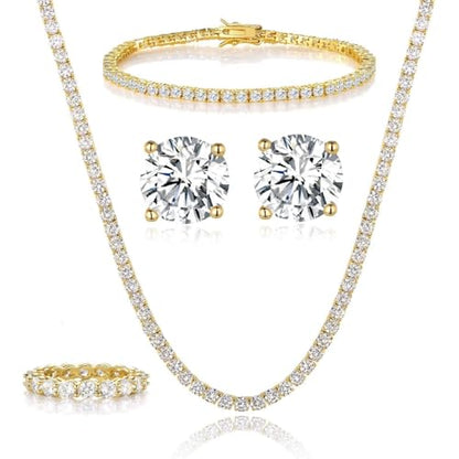 18K White Gold Plated Tennis Necklace/Bracelet/Earrings/Band Ring Sets Hypoallergenic Jewelry Pack of 4 - color: Yellow Gold