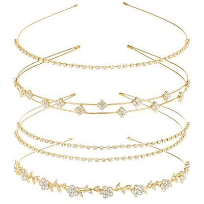 Bremorou 4 Pcs Girls Gold Headband Bridal Headband Crystal Flower Prom Headpiece Flower Leaf Tiara Crown Head Band Wedding Hair Accessories for Women Festival Gifts 5.51× 4.52 Inch