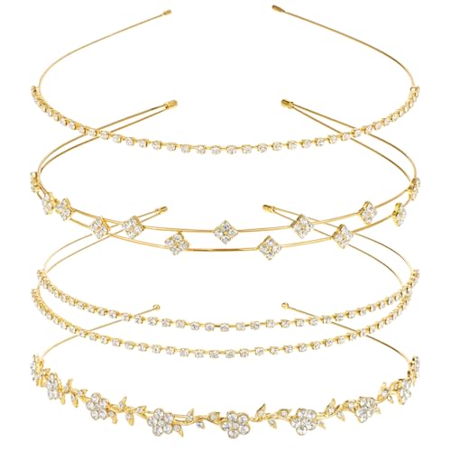 Bremorou 4 Pcs Girls Gold Headband Bridal Headband Crystal Flower Prom Headpiece Flower Leaf Tiara Crown Head Band Wedding Hair Accessories for Women Festival Gifts 5.51× 4.52 Inch