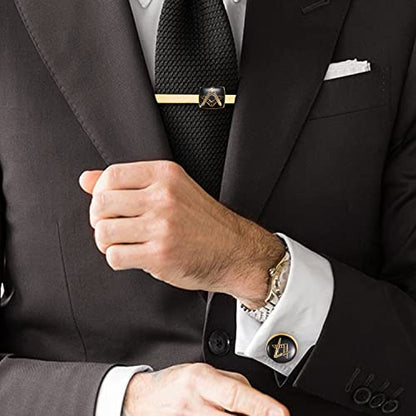 HAWSON Metal Cufflinks and Tie Clip Set for Men Novelty Cuff Links and Tie Bar Gifts for Wedding Level,Football, Musical Symbols Designs - color: Gold Masonic set