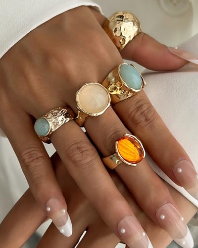 Chunky Gold Shell Starfish Ring Set for Women Trendy Gold Flower Scallop Seashell Starfish Gemstone Rings Adjustable Stacking Statement R-ings Non Tarnish Spring Summer Jewelry Accessories - color: A3:5 pcs