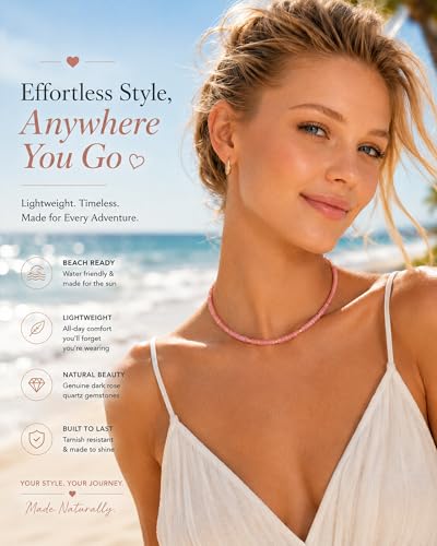 Natural Heishi Gemstone Choker Necklace for Women, Adjustable 15"+2" Beaded Layering Necklace, Coastal Beach Jewelry Gift for Her - color: Rose Quartz (Dark Color)