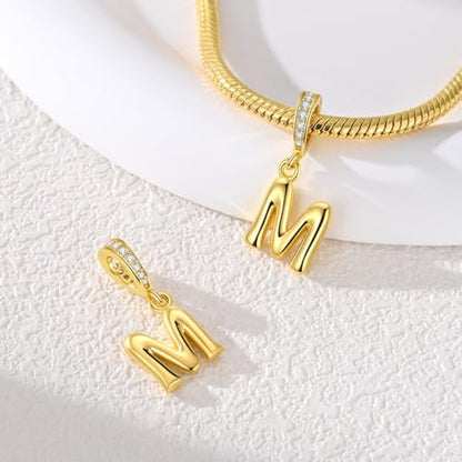 Hapour Gold Initial Letter Charms 925 Sterling Silver Alphabet Beads | 14K Gold Plated, A-Z Letter Charms, For Bracelets Necklace, Cubic Zirconia, DIY Dangle Pendant Beads, For Women Mom - color: Golden initial letter M