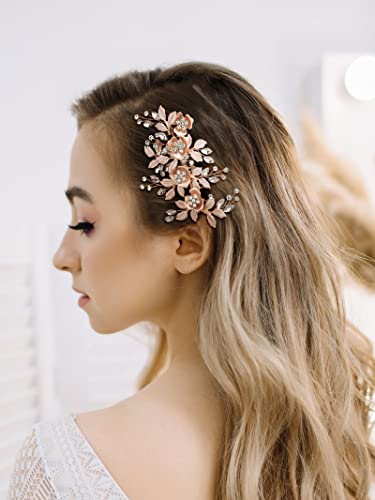SWEETV Metal Hair Comb, Rhinestone Bridal Hair Clip - Handmade Wedding Hair Accessories for Brides and Bridesmaid, Rose Gold | Metal Handmade Wedding Hair Pieces for Brides, Wedding Hair Accessories Bridal Hair Pieces for Brides Bridesmaid, Rose Gold - co