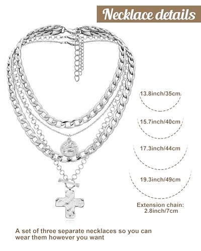 MJartoria Layered Necklaces for Women Trendy Retro Coin and Cross Pendant Necklace Dainty Chunky Chain Necklaces for Jewelry Birthday Gifts - color: Silver