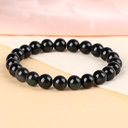 LPBeads Handmade Natural Gemstone Stretch Elastic Bracelet Healing Crystal Round Stone Beads Jewelry Gifts for Women Men - color: Black Obsidian, size: 8mm