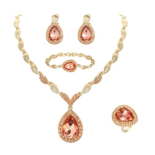 Womens Africa 18k Gold Plated Jewelry Set Crystal Rhinestones Petals Teardrop Cluster Bib Statement Necklace Link Bracelet Dangle Earrings Ring for Prom - color: 06-Peach Rose-Gold-Plated-Base