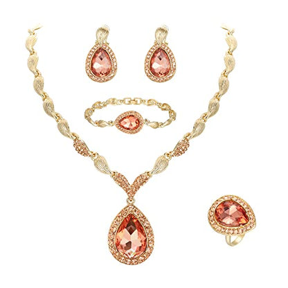 Womens Africa 18k Gold Plated Jewelry Set Crystal Rhinestones Petals Teardrop Cluster Bib Statement Necklace Link Bracelet Dangle Earrings Ring for Prom - color: 06-Peach Rose-Gold-Plated-Base