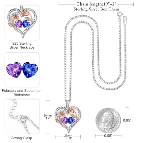 Iefil Birthstone Necklace for Women - Rose Heart Necklace | 925 Sterling Silver, Gift Box Packaging, Anniversary Birthday Gifts for Wife Mom Daughter - color: 02-09-Feb-Sept Birthstone