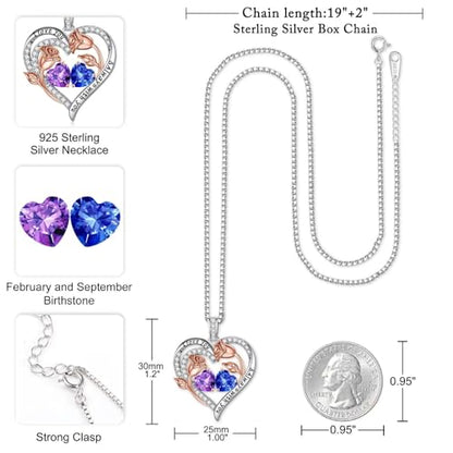 Iefil Birthstone Necklace for Women - Rose Heart Necklace | 925 Sterling Silver, Gift Box Packaging, Anniversary Birthday Gifts for Wife Mom Daughter - color: 02-09-Feb-Sept Birthstone
