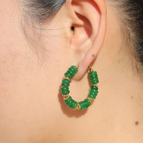 Wellike Beaded Hoop Earrings for Women Natural Stone Pink Gold Huggie Earrings Hypoallergenic Dainty Waterproof Trendy Jewelry - color: green, size: 35mm