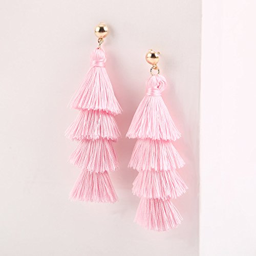 BaubleStar Bohemian Layered Tassel Drop Earrings for Women | Lightweight Statement Party Festival Jewelry - color: Pink