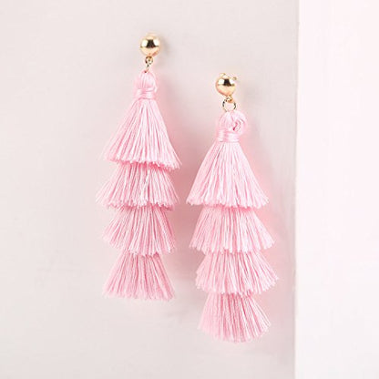 BaubleStar Bohemian Layered Tassel Drop Earrings for Women | Lightweight Statement Party Festival Jewelry - color: Pink