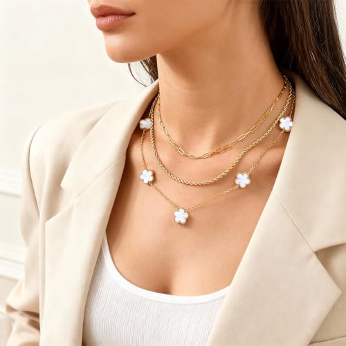 MPRAINBOW Gold Layered Necklace for Women - 3Pcs 18K Gold Plated Floral Necklaces, Stainless Steel Stackable Cuban Link Chain Non Tarnish Trendy Jewelry, Herringbone Chains Christmas Birthday Gifts - color: White 02