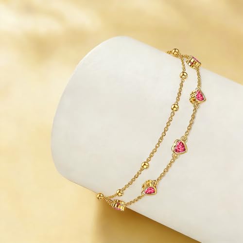 Midari 18K Yellow Gold Gemstone Birthstone Anklet Bracelet Heart Jewelry with 12 Months Birthstone Birthday Gifts for Women Wife Her Daughter Mom - color: 07-Jul-Ruby, size: Anklet 9"-11"