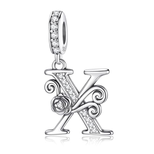 HappyStar 925 Sterling Silver Letter Charms for Bracelets Rose Alphabet Initial Dangle Pendants Fit for Pandora Charms Bracelet Charms Beads Jewelry Gifts for Women - color: Alphabet X