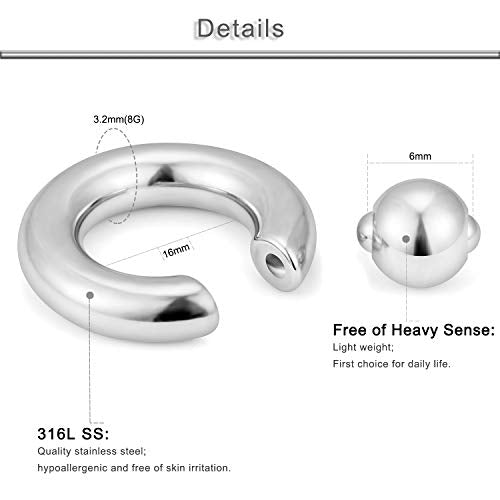 12G 10G 8G 6G 4G 2G 0G 00G Large Septum Rings Gauges Earrings Hoops 316L Surgical Steel Spring Action Captive Bead PA Ring CBR Septum Nose Rings Piercing Jewelry for Women Men - color: Silver, size: 8G=3mm Inner Dia: 5/8" (16mm)