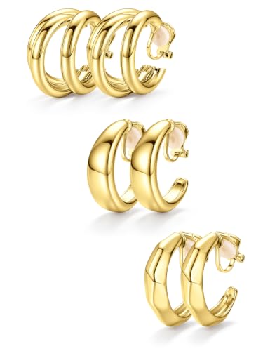 Giovanchi 3Pairs Clip on Earrings for Women with Non-Pierced Ears - Trendy Hypoallergenic 14K Gold Plated Chunky Tube Croissant Waterdrop Clip on Hoop Earrings - style: C-Gold